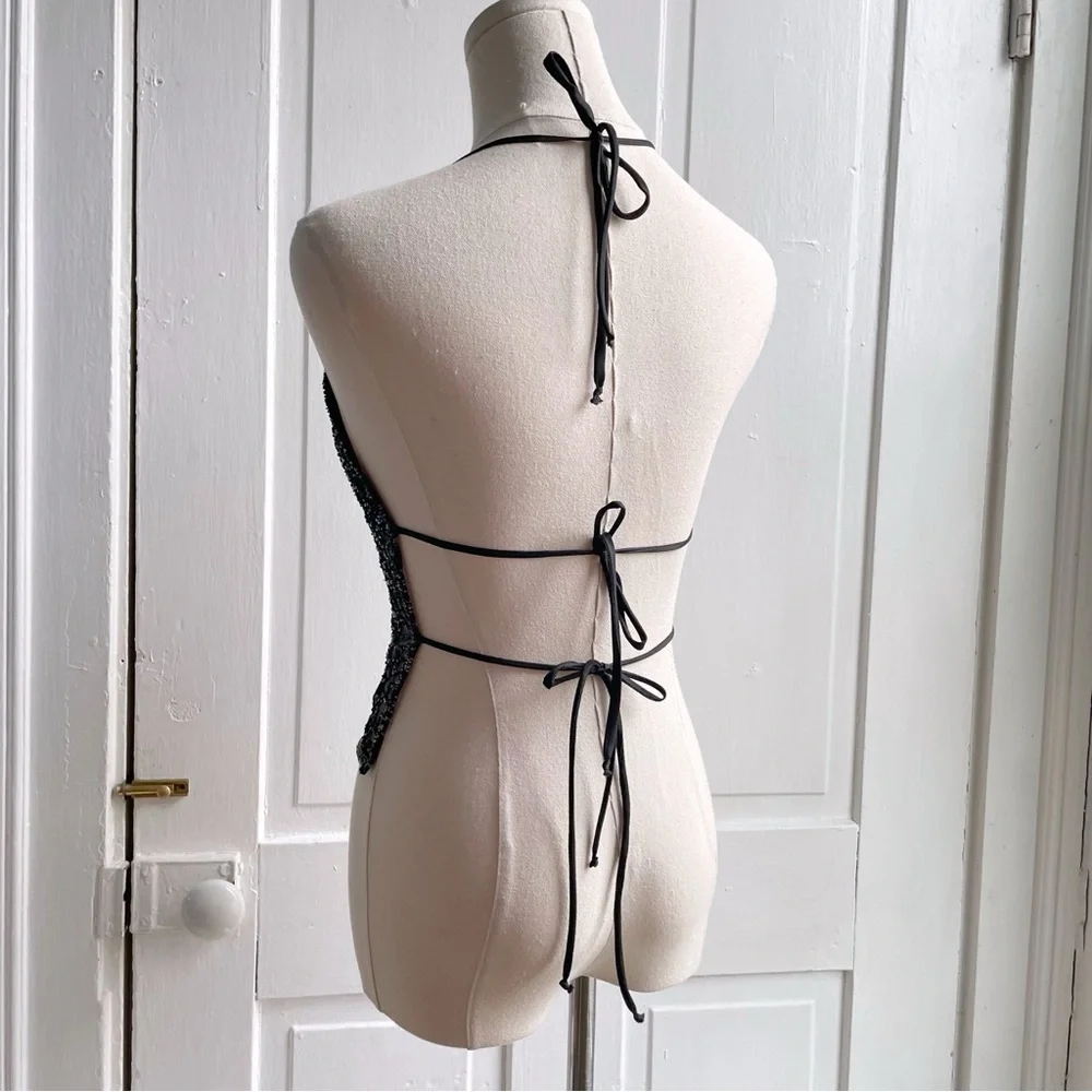 SOLD Vintage 90s/Y2K Beaded Sequin Sheer Mesh Open Back Tie Halter Top - Picture 4 of 7